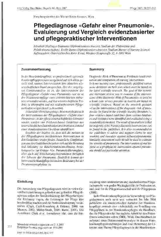Vorschauseite 1: Pflegediagnose «Gefahr einer Pneumonie». Evaluierung und Vergleich evidenzbasierter und pflegepraktischer Interventionen