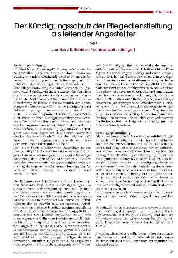 Vorschauseite 1: Der Kündigungsschutz der Pflegedienstleitung als leitender Angestellter
