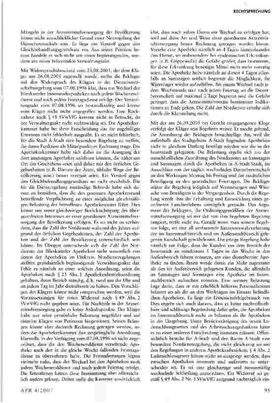 Vorschauseite 2: Kein Anspruch eines Apothekers auf Anordnung einer gleichartigen quotenmäßigen Beteiligung an einer Dienstbereitschaftsregelung unter Einbeziehung aller innerwie außerorts ansässi…