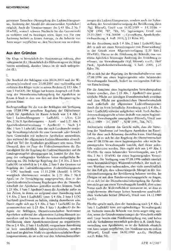 Vorschauseite 3: Kein Anspruch eines Apothekers auf Anordnung einer gleichartigen quotenmäßigen Beteiligung an einer Dienstbereitschaftsregelung unter Einbeziehung aller innerwie außerorts ansässi…