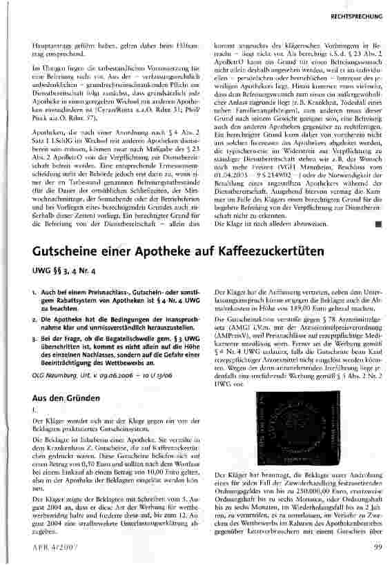 Vorschauseite 6: Kein Anspruch eines Apothekers auf Anordnung einer gleichartigen quotenmäßigen Beteiligung an einer Dienstbereitschaftsregelung unter Einbeziehung aller innerwie außerorts ansässi…
