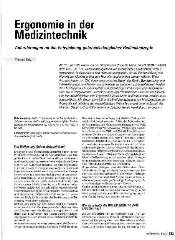Vorschauseite 1: Ergonomie in der Medizintechnik