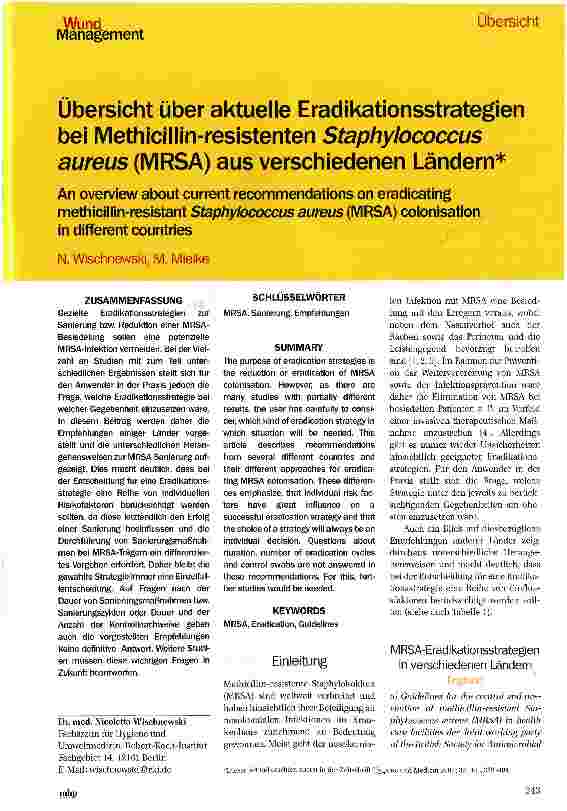 Vorschauseite 1: Übersicht über aktuelle Eradikationsstrategien bei Methicillin-resistenten Staphylococcus aureus (MRSA) aus verschiedenen Ländern