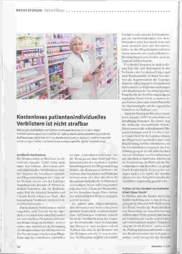 Vorschauseite 1: Kostenloses patientenindividuelles Verblistern ist nicht strafbar