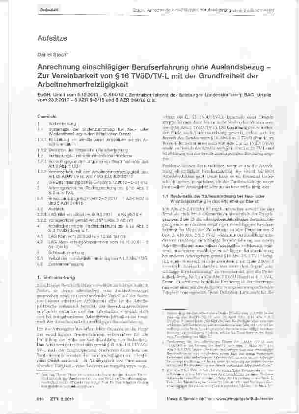 Vorschauseite 1: Anrechnung einschlägiger Berufserfahrung ohne Auslandsbezug Zur Vereinbarkeit von §16 TVöD/TV-L mit der Grundfreiheit der Arbeitnehmerfreizügigkeit