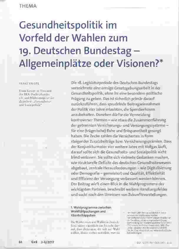 Vorschauseite 1: Gesundheitspolitik im Vorfeld der Wahlen zum 19. Deutschen Bundestag-Allgemeinplätze oder Visionen?