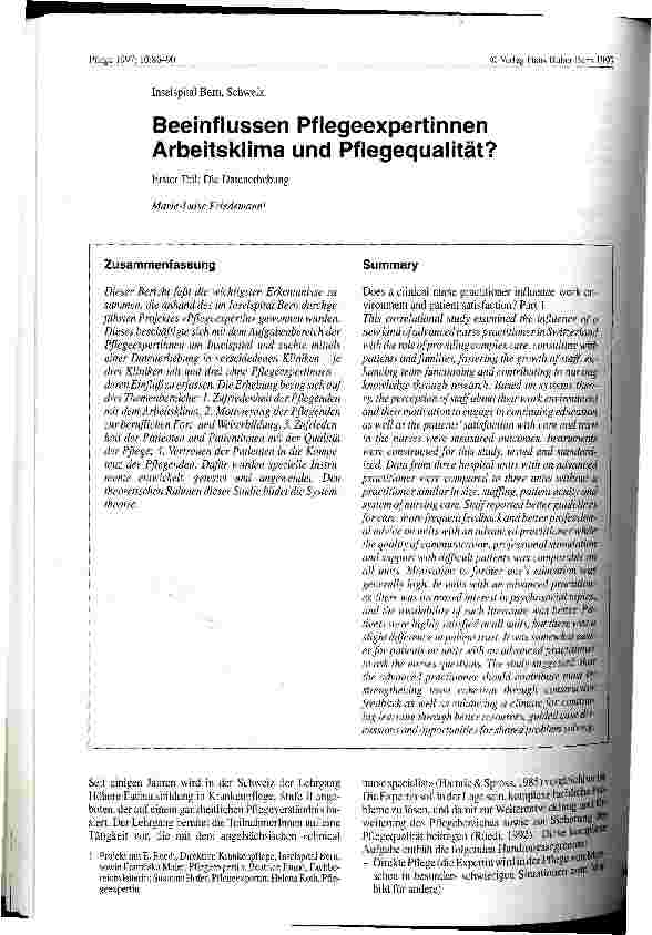 Vorschauseite 1: Beeinflussen Pflegeexpertinnen Arbeitsklima und Pflegequalität? Erster Teil: Die Datenerhebung