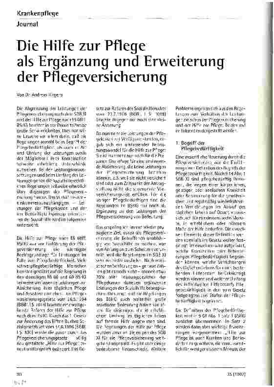 Vorschauseite 1: Die Hilfe zur Pflege als Ergänzung und Erweiterung der Pflegeversicherung