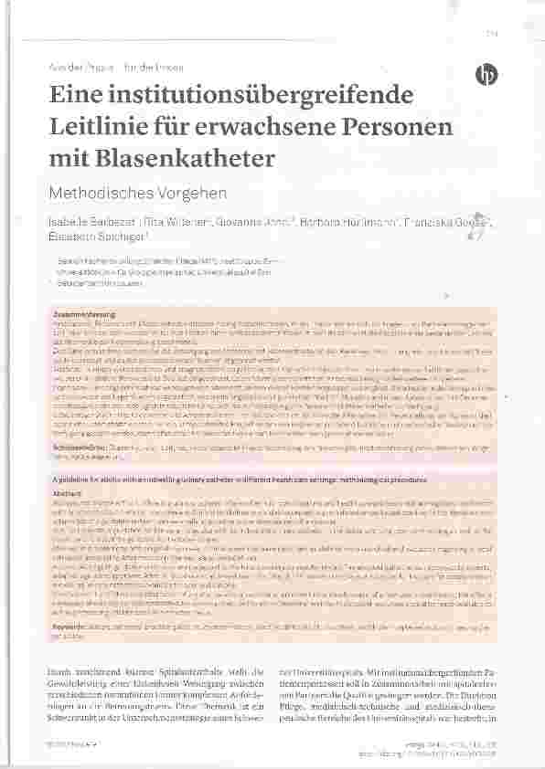 Vorschauseite 1: Eine institutionsübergreifende Leitlinie für erwachsene Personen mit Blasenkatheter