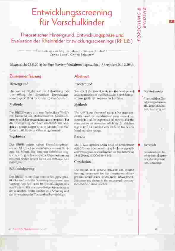 Vorschauseite 1: Theoretischer Hintergrund, Entwicklungsphase und § Evaluation des Rheinfelder Entwicklungsscreenings (RHEIS)