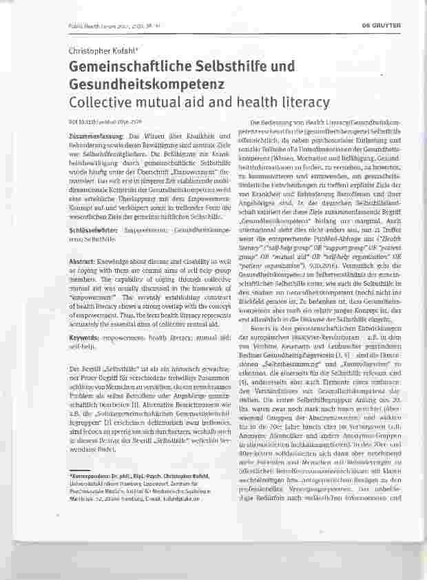 Vorschauseite 1: Gemeinschaftliche Selbsthilfe und Gesundheitskompetenz Collective mutual aid and health literacy