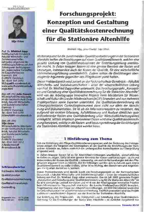 Vorschauseite 1: Forschungsprojekt: Konzeption und Gestaltungeiner Qualitätskostenrechnung für die Stationäre Altenhilfe