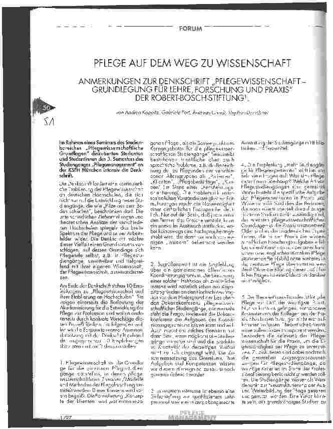 Vorschauseite 1: Pflege auf dem Weg zu Wissenschaft - Anmerkungen zur Denkschrift Pflegewissenschaft - Grundlegung für Lehre, Forschung und Paxis