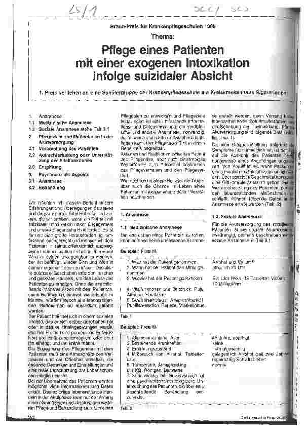 Vorschauseite 1: Pflege eines Patienten mit einer exogenen Intoxikation infolge suizidaler Absicht // 1. Preis Braun-Preis 1986