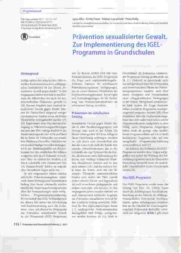 Vorschauseite 1: Prävention sexualisierter Gewalt. Zur Implementierung des IGEL- Programms in Grundschulen