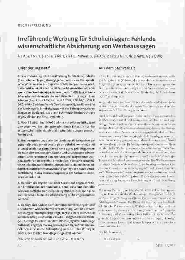 Vorschauseite 1: Irreführende Werbung für Schuheinlagen: Fehlende wissenschaftliche Absicherung von Werbeaussagen