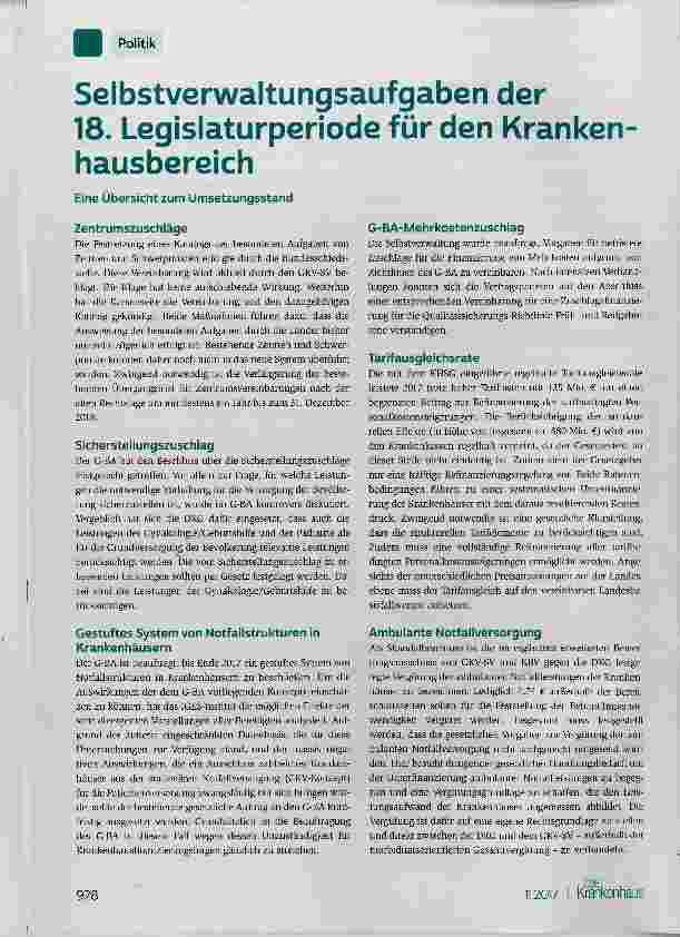 Vorschauseite 1: Selbstverwaltungsaufgaben der 18. Legislaturperiode für den Krankenhausbereich
