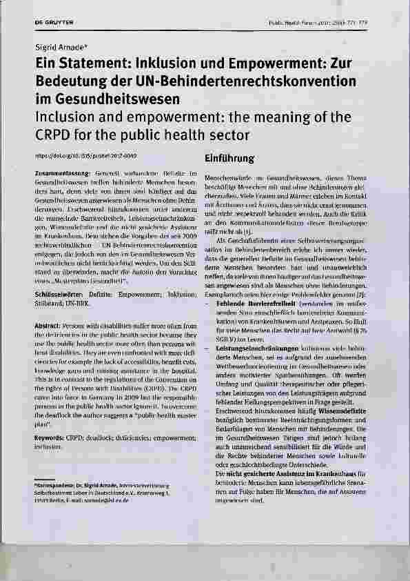 Vorschauseite 1: Ein Statement: Inklusion und Empowerment: Zur Bedeutung der UN-Behindertenrechtskonvention im Gesundheitswesen