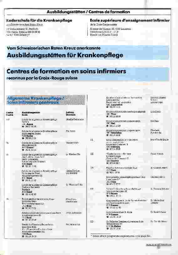 Vorschauseite 1: Vom Schweizerischen Roten Kreuz anerkannte Ausbildungsstätten für Krankenpflege