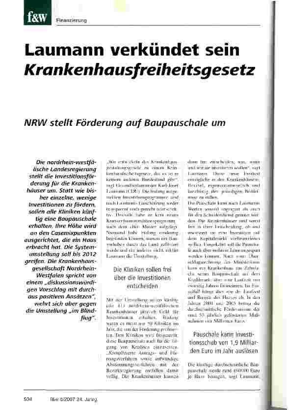 Vorschauseite 1: Laumann verkündet sein Krankenhausfreiheitsgesetz