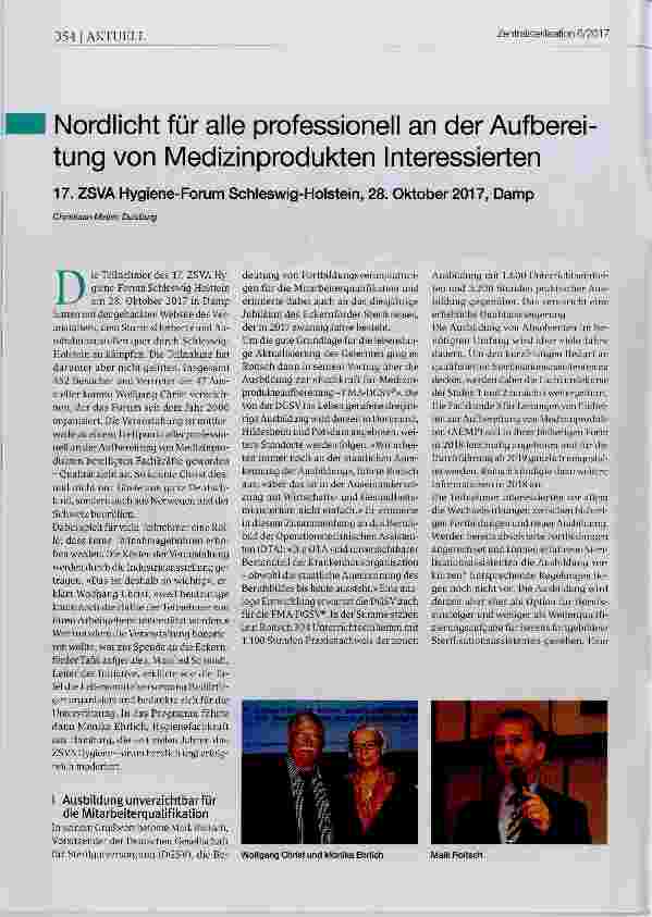 Vorschauseite 1: Nordlicht für alle professionell an der Aufbereitung von Medizinprodukten Interessierten 17. ZSVA Hygiene-Forum Schleswig-Holstein, 28. Oktober 2017, Damp