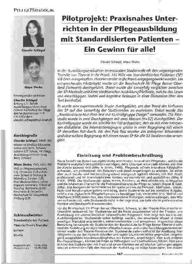 Vorschauseite 1: Pilotprojekt: Praxisnahes Unterrichten in der Pflegeausbildung mit Standardisierten Patienten -Ein Gewinn für alle!