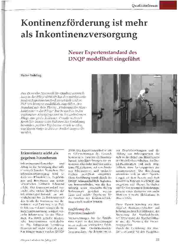 Vorschauseite 1: Kontinenzförderung ist mehr als InkontinenzversorgungNeuer Expertenstandard des DNQP modellhaft eingeführt