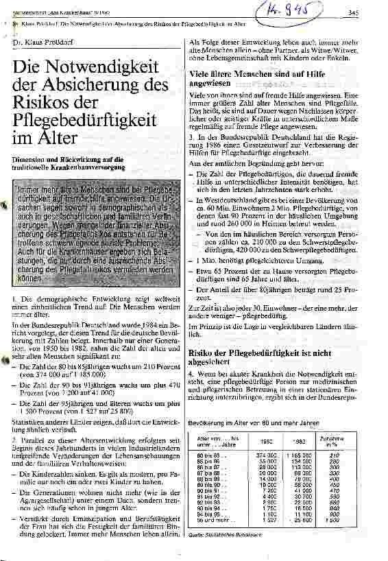 Vorschauseite 1: Die Notwenigkeit der Absicherung des Risikos der Pflegebedürftigkeit im Alter