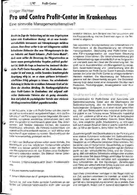 Vorschauseite 1: Pro und Contra Profit-Center im Krankenhaus Eine sinnvolle Managementalternative?