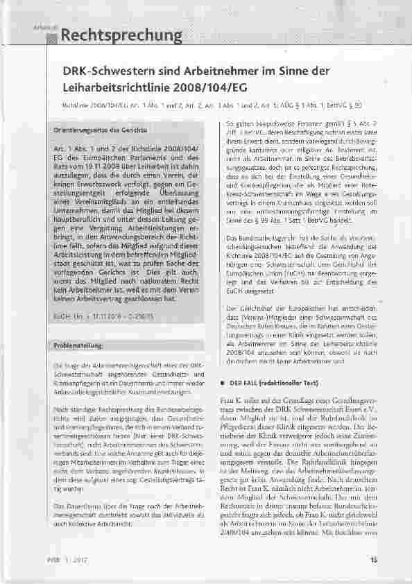 Vorschauseite 1: DRK-Schwestern sind Arbeitnehmer im Sinne der Leiharbeitsrichtlinie 2008/104/EG