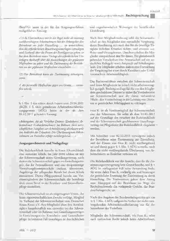 Vorschauseite 3: DRK-Schwestern sind Arbeitnehmer im Sinne der Leiharbeitsrichtlinie 2008/104/EG