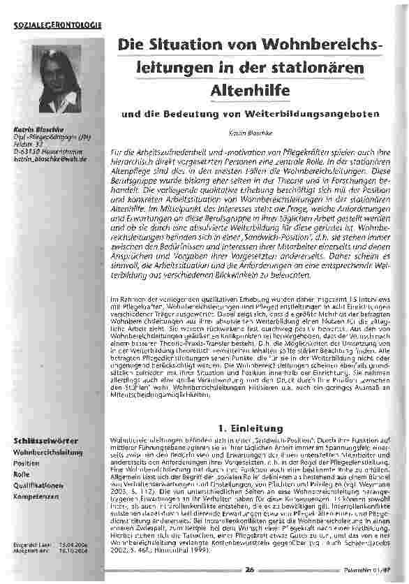 Vorschauseite 1: Die Situation von Wohnbereichsleitungen in der stationären Altenhilfe