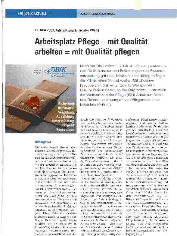 Vorschauseite 1: Arbeitsplatz Pflege - mit Qualität arbeiten = mit Qualität pflegen