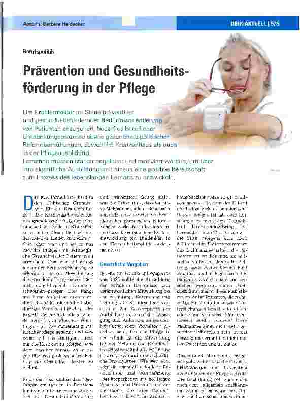 Vorschauseite 1: Berufspolitik - Prävention und Gesundheitsförderung in der Pflege