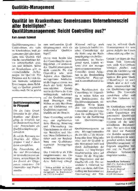Vorschauseite 1: Qualität im Krankenhaus: Gemeinsames Unternehmensziel aller Beteiligten? Qualitätsmanagement: Reicht Controlling aus?