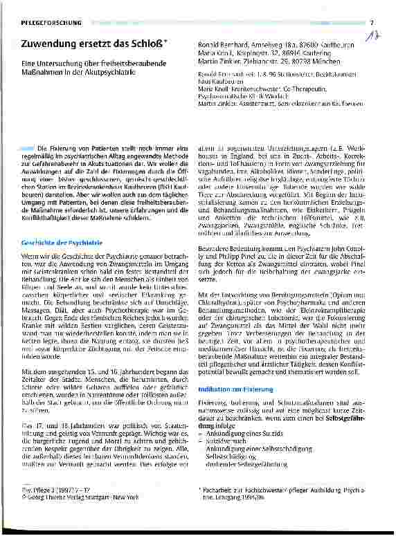 Vorschauseite 1: Zuwendung ersetzt das Schloß Eine Untersuchung über freiheitsberaubende Maßnahmen in der Akutpsychiatrie