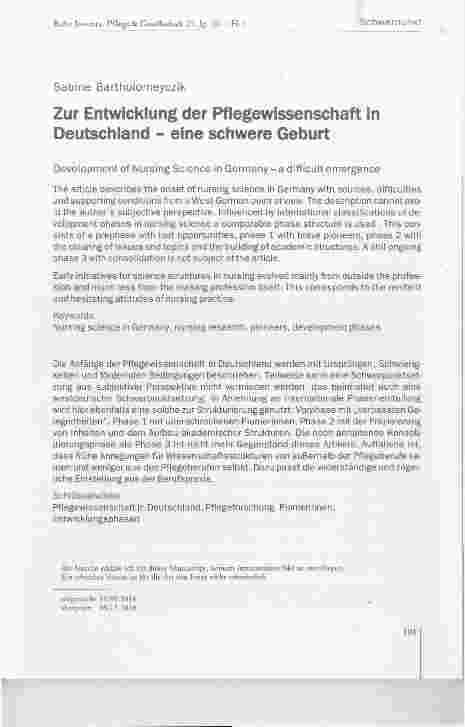 Vorschauseite 1: Zur Entwicklung der Pflegewissenschaft in Deutschland eine schwere Geburt