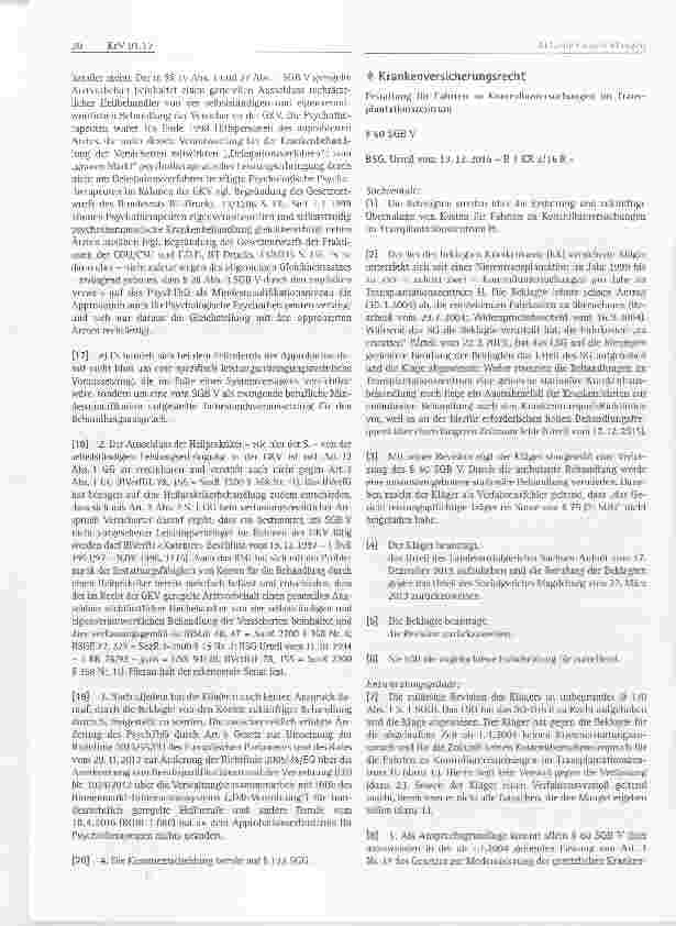 Vorschauseite 1: Krankenversicherungsrecht Erstattung für Fahrten zu Kontrolluntersuchungen im Transplantationszentrum