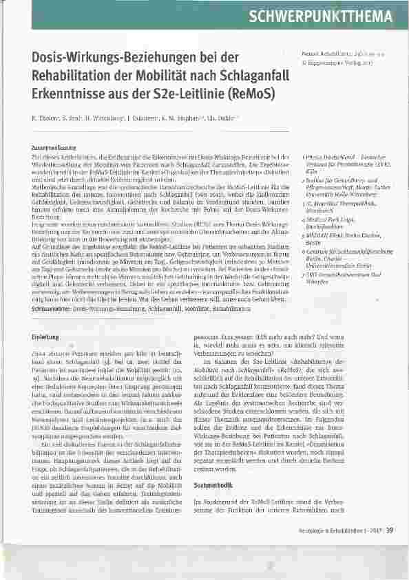 Vorschauseite 1: Dosis-Wirkungs-Beziehungen bei der Rehabilitation der Mobilität nach Schlaganfall Erkenntnisse aus der S2e-Leitlinie (ReMoS)