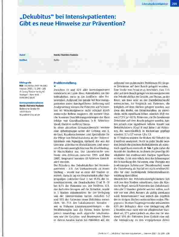 Vorschauseite 1: Dekubitus bei Intensivpatienten: Gibt es neue Hinweise zur Prävention?