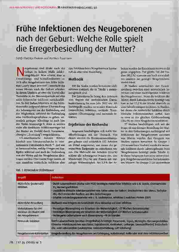 Vorschauseite 1: Frühe Infektionen des Neugeborenen nach der Geburt: Welche Rolle spielt die Erregerbesiedlung der Mutter?