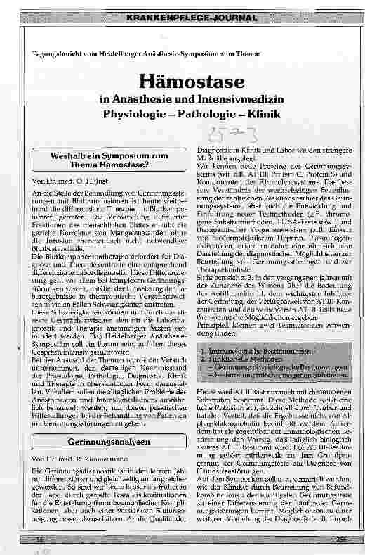 Vorschauseite 1: Hämostase - in Anästhesie und Intensivmedizin Physiologie - Pathologie - Klinik