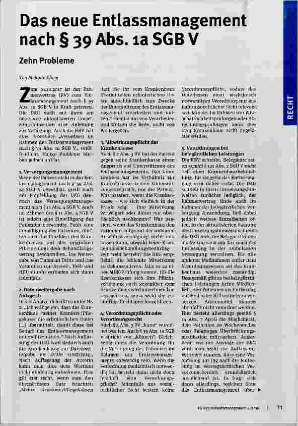 Vorschauseite 1: Das neue Entlassmanagement nach § 39 Abs. la SGB V