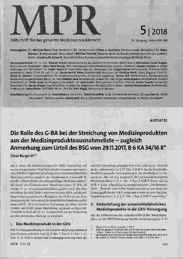Vorschauseite 1: Die Rolle des G-BA bei der Streichung von Medizinprodukten aus der Medizinprodukteausnahmeliste zugleich Anmerkung zum Urteil des BSG vom 29.11.2017, B 6 KA 34/16 R*