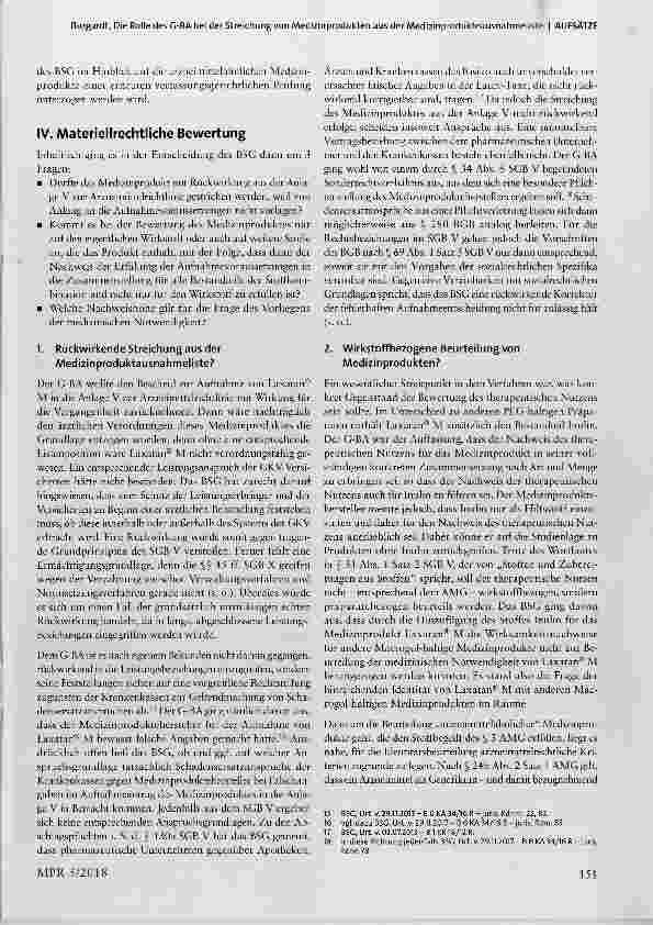 Vorschauseite 3: Die Rolle des G-BA bei der Streichung von Medizinprodukten aus der Medizinprodukteausnahmeliste zugleich Anmerkung zum Urteil des BSG vom 29.11.2017, B 6 KA 34/16 R*