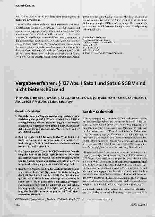 Vorschauseite 1: Vergabeverfahren: § 127 Abs. 1 Satz 1 und Satz 6 SGB V sind nicht bieterschützend