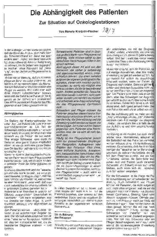 Vorschauseite 1: Die Abhängigkeit des Patienten Zur Situation auf Onkologiestationen