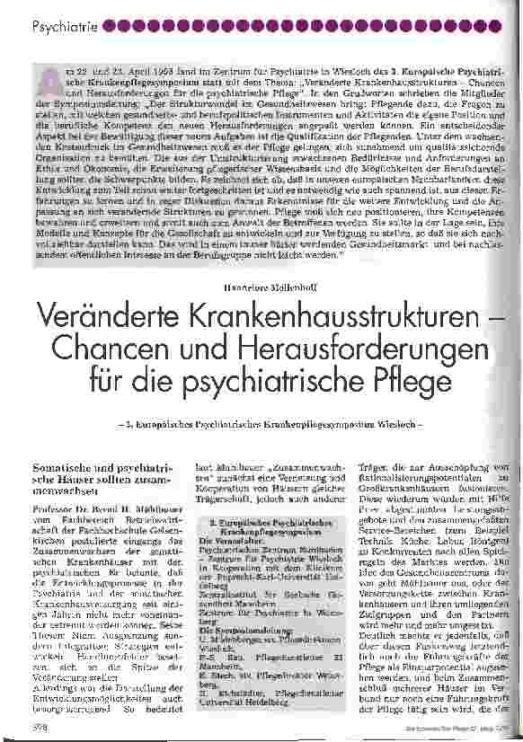 Vorschauseite 1: Veränderte Krankenhausstrukturen - Chancen und Herausforderungen für die psychiatrische Pflege 3. Europäisches Psychiatrisches Krankenplfegesymposium Wiesloch