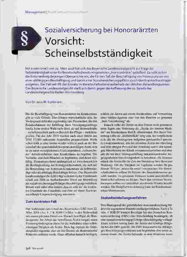 Vorschauseite 1: Sozialversicherung bei Honorarärzten Vorsicht: Scheinselbstständigkeit