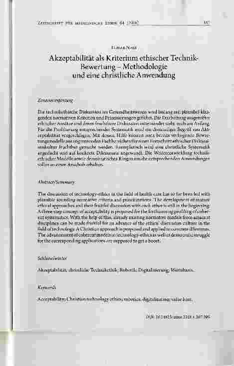 Vorschauseite 1: Akzeptabilität als Kriterium ethischer Technik- Bewertung Methodologie und eine christliche Anwendung